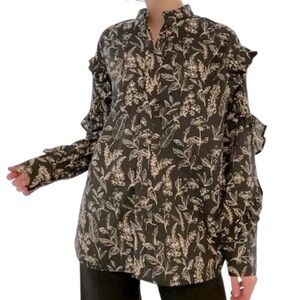 Thakoon Botanical Print Silk Ruffle Sleeve Button Up Shirt Black Size M NWT